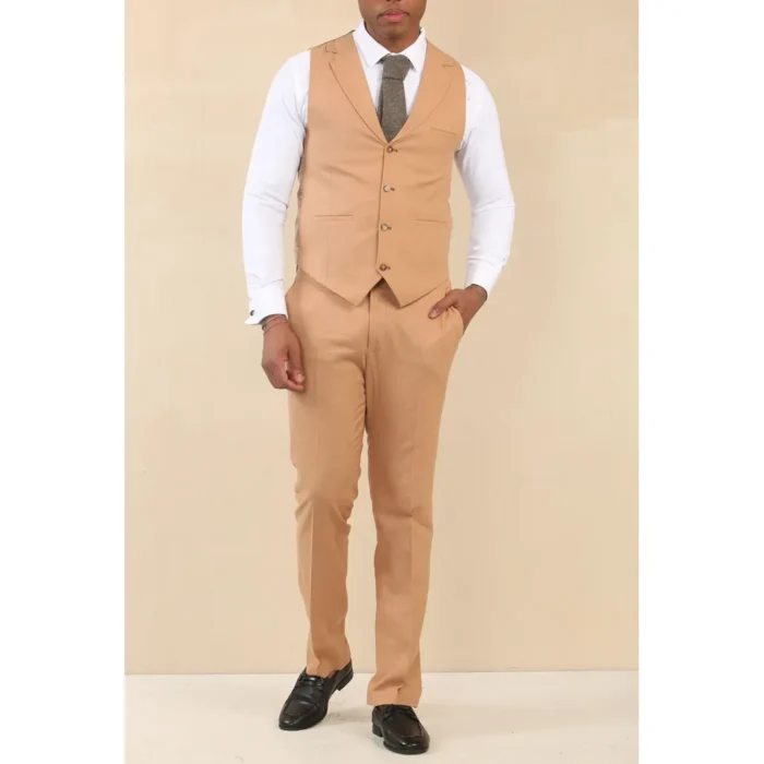 TP-23 - Men's Camel 3 Piece Linen Summer Wedding Suit - Image 4