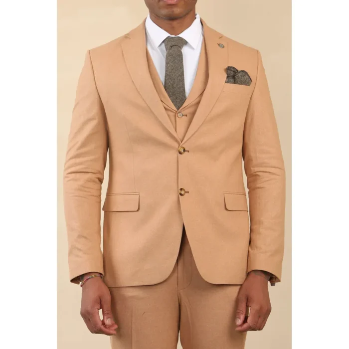 TP-23 - Men's Camel 3 Piece Linen Summer Wedding Suit - Image 1
