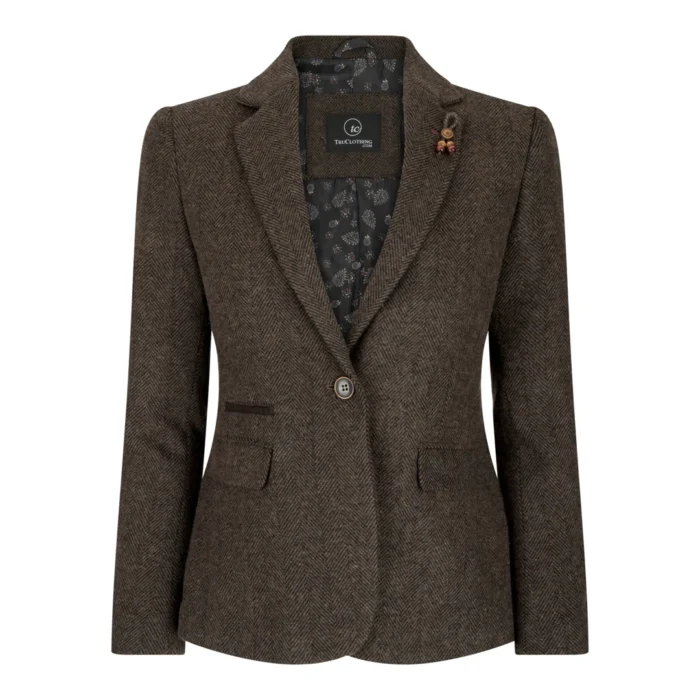 Womens Tweed Herringbone Blazer Jacket Waistcoat Brown 1920s Vintage Tailored - Image 1