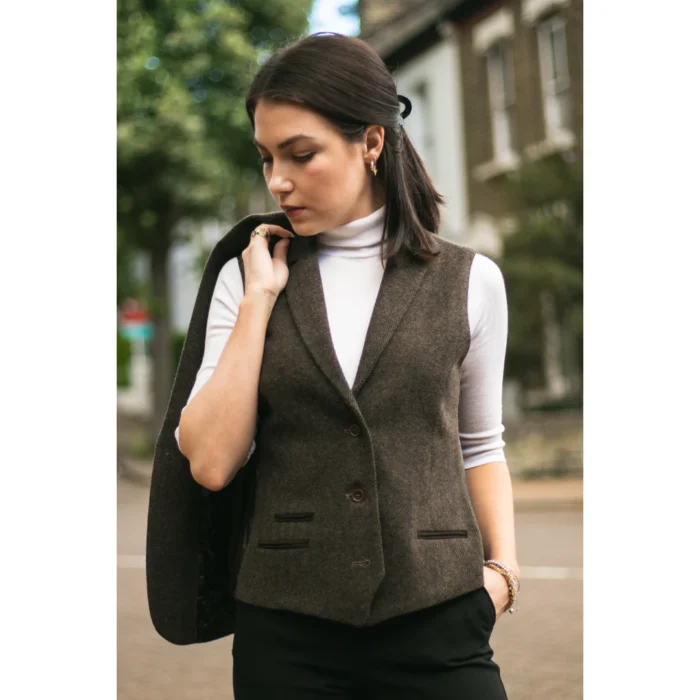 Womens Tweed Herringbone Blazer Jacket Waistcoat Brown 1920s Vintage Tailored - Image 8