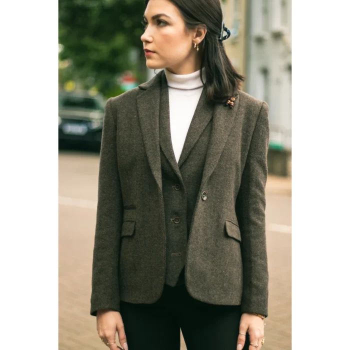 Womens Tweed Herringbone Blazer Jacket Waistcoat Brown 1920s Vintage Tailored - Image 3