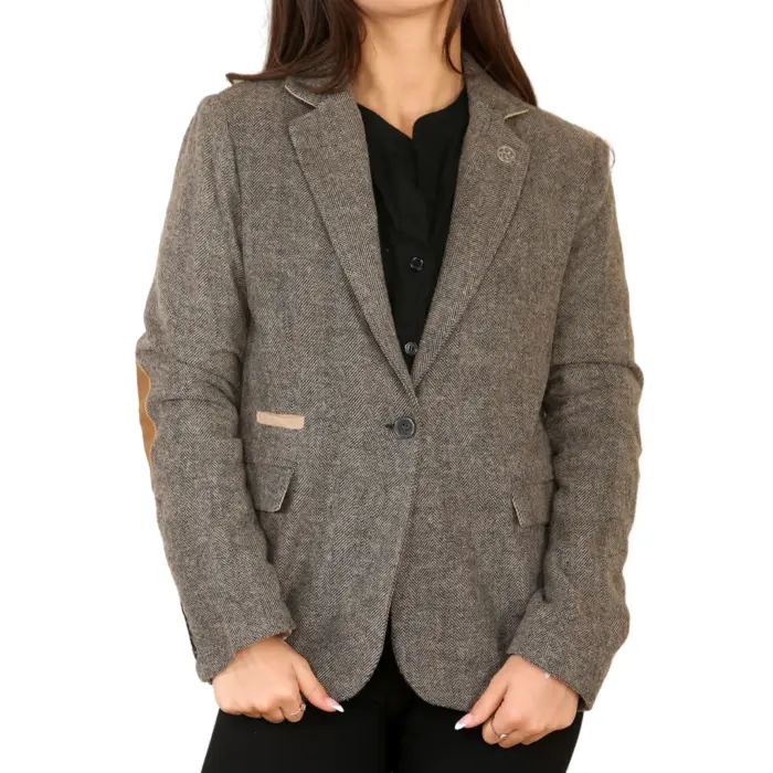 Womens Herringbone Tweed Waistcoat Blazer Oak Brown Classic Vintage Shooting Jacket - Image 1