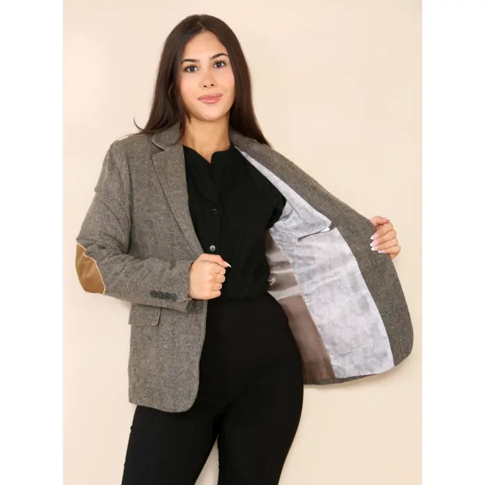 Womens Herringbone Tweed Waistcoat Blazer Oak Brown Classic Vintage Shooting Jacket - Image 11