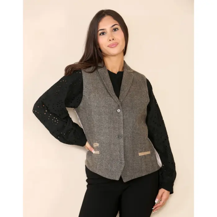 Womens Herringbone Tweed Waistcoat Blazer Oak Brown Classic Vintage Shooting Jacket - Image 6