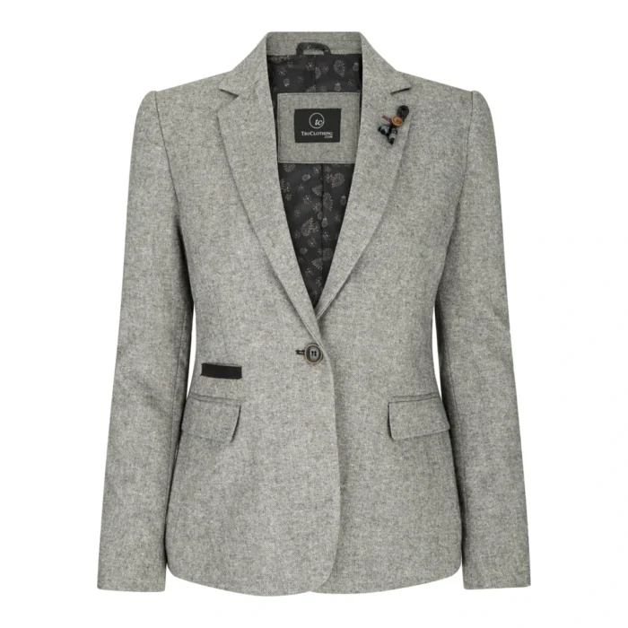 Womens Tweed Grey Black Blazer Jacket Waistcoat Elow Patch Classic Peaky 1920s - Image 1