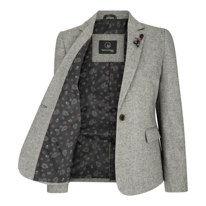 Womens Tweed Grey Black Blazer Jacket Waistcoat Elow Patch Classic Peaky 1920s - Image 2
