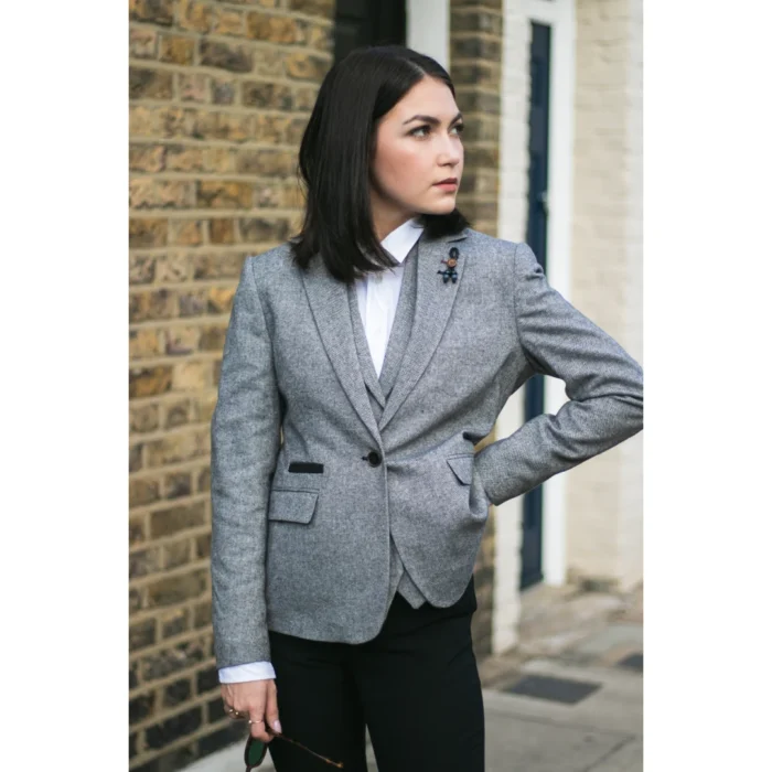 Womens Tweed Grey Black Blazer Jacket Waistcoat Elow Patch Classic Peaky 1920s - Image 3