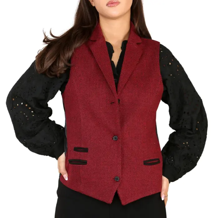 Womens Tweed Herringbone Waistcoat Blazer Jacket Wine Red Classic Vintage 1920s - Image 9