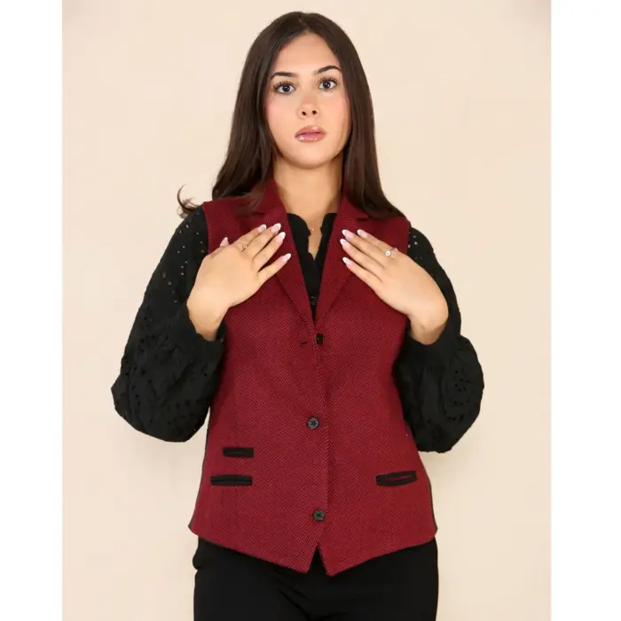 Womens Tweed Herringbone Waistcoat Blazer Jacket Wine Red Classic Vintage 1920s - Image 8