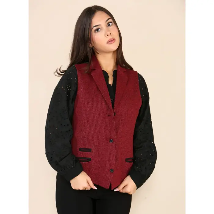 Womens Tweed Herringbone Waistcoat Blazer Jacket Wine Red Classic Vintage 1920s - Image 7