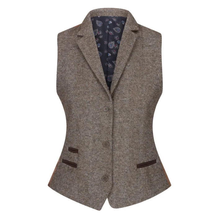 Womens Tweed Blazer Jacket 1920s Vintage Elbow Patch Waistcoat Blinders Tan - Image 5