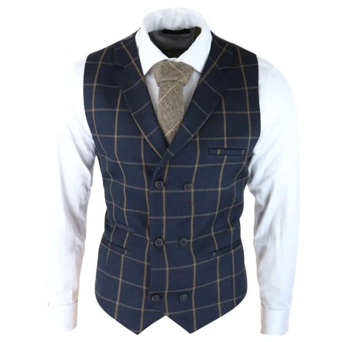 Mens Classic Waistcoat Prince Of Wales Check Navy Slim Fit Vintage Wedding - Image 1