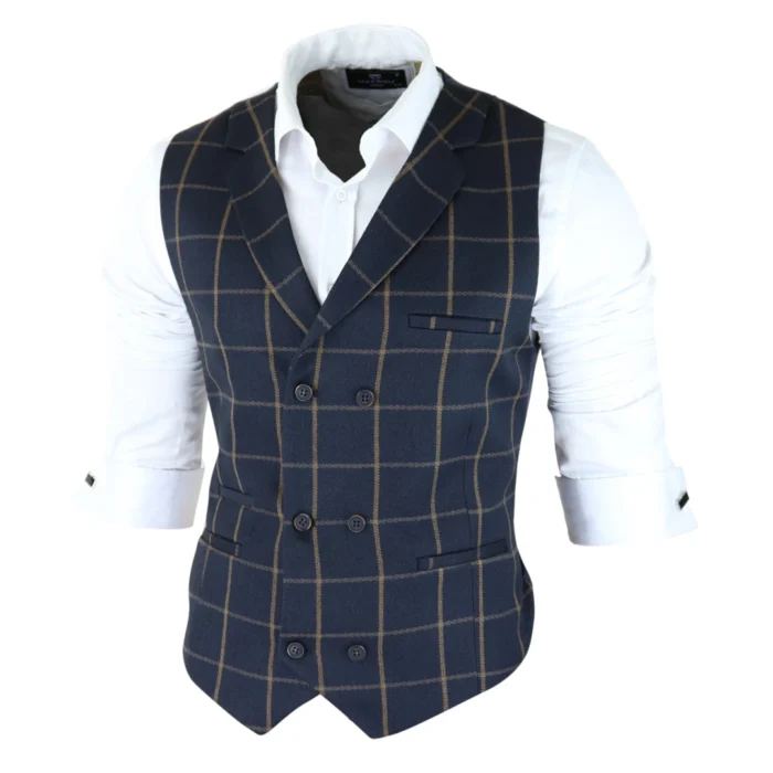 Mens Classic Waistcoat Prince Of Wales Check Navy Slim Fit Vintage Wedding - Image 2