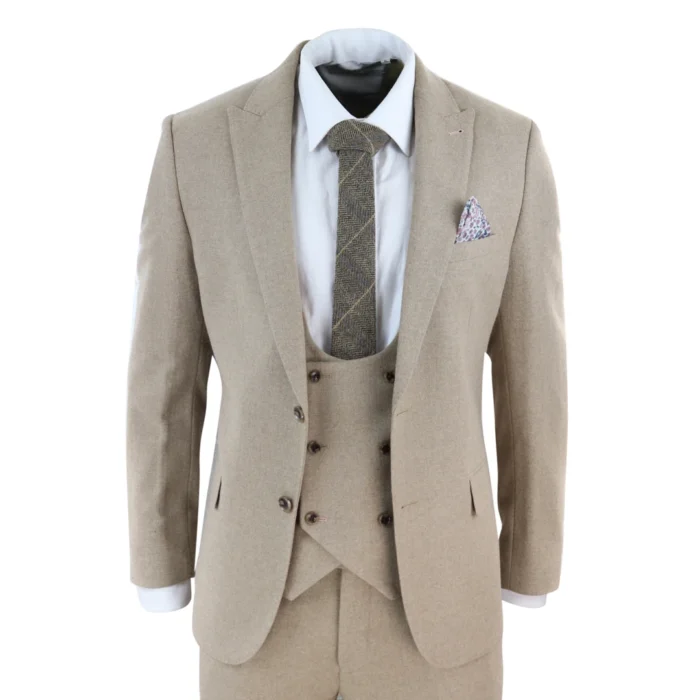 Men Tweed 3 Piece Suit Tan Oak Double Breasted Tailored Fit Wedding - Image 1