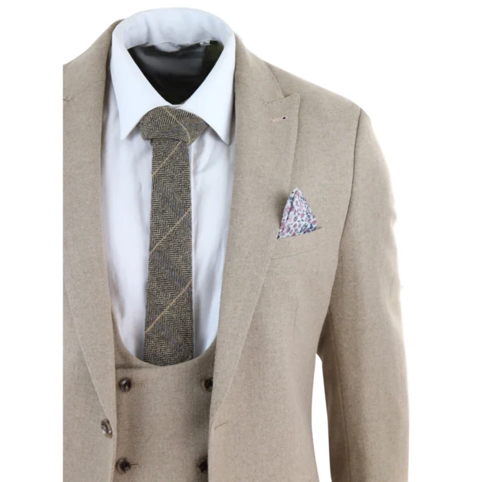 Men Tweed 3 Piece Suit Tan Oak Double Breasted Tailored Fit Wedding - Image 5