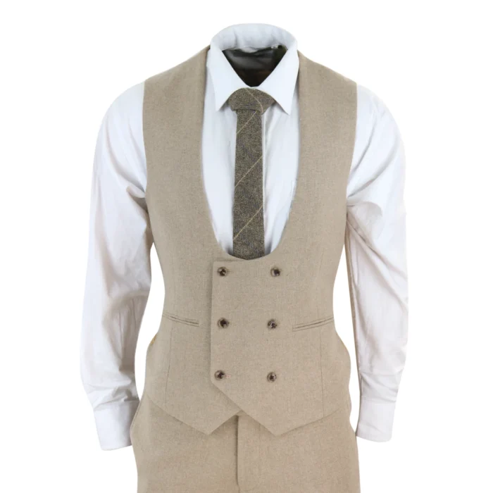 Men Tweed 3 Piece Suit Tan Oak Double Breasted Tailored Fit Wedding - Image 6