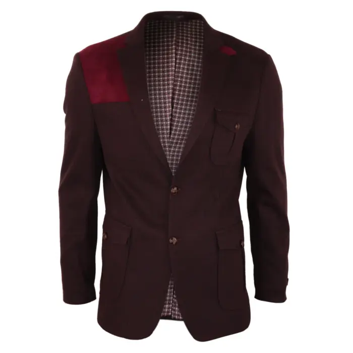 Mens Wool Tweed Shooting Jacket Hunting Blazer Check Elbow Patch Wine Vintage - Image 1