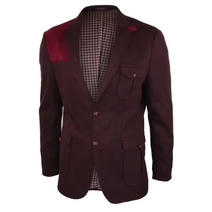 Mens Wool Tweed Shooting Jacket Hunting Blazer Check Elbow Patch Wine Vintage - Image 2