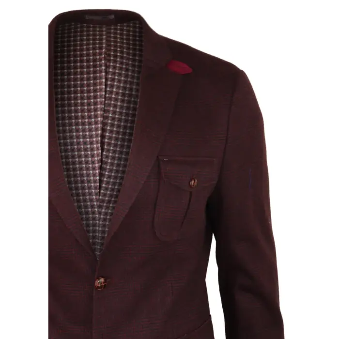 Mens Wool Tweed Shooting Jacket Hunting Blazer Check Elbow Patch Wine Vintage - Image 5