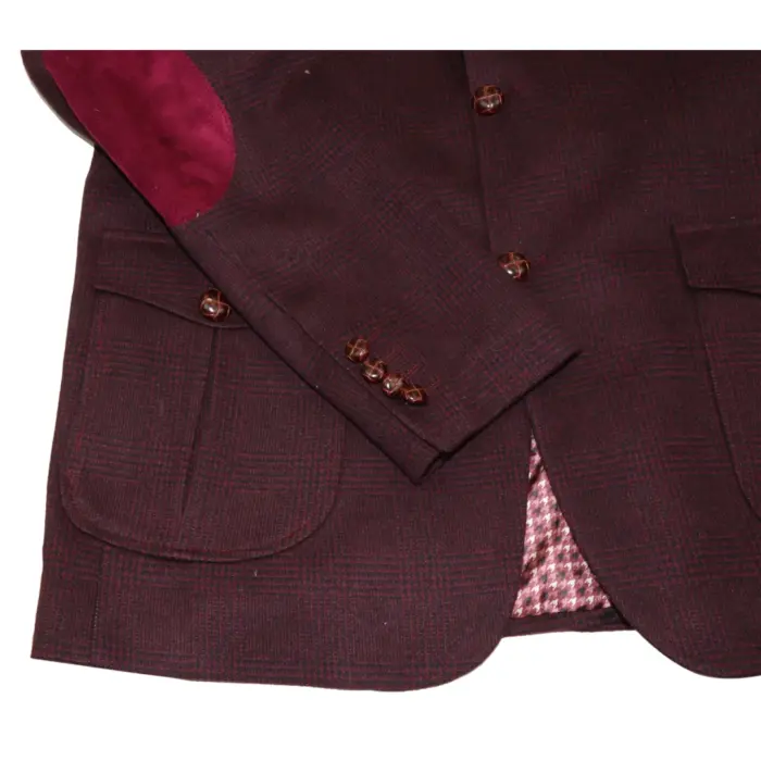 Mens Wool Tweed Shooting Jacket Hunting Blazer Check Elbow Patch Wine Vintage - Image 4