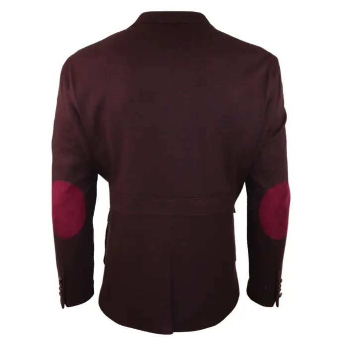 Mens Wool Tweed Shooting Jacket Hunting Blazer Check Elbow Patch Wine Vintage - Image 3