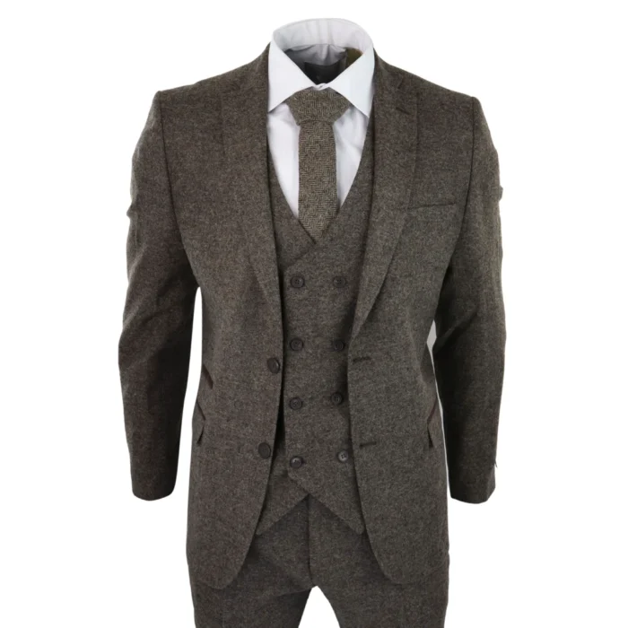 Mens Wool 3 Piece Suit Double Breast Waistcoat Tweed Blinders Classic 1920s Oak - Image 1