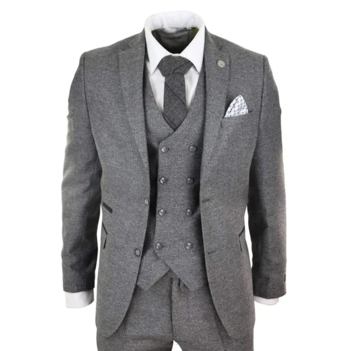 Mens Grey Wool 3 Piece Suit Double Breasted Waistcoat Tweed 1920s - Image 1