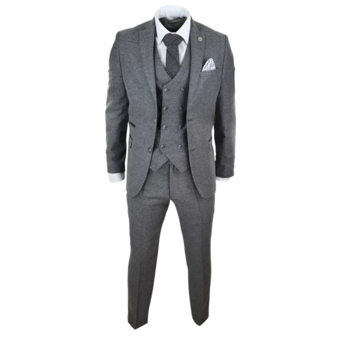 Mens Grey Wool 3 Piece Suit Double Breasted Waistcoat Tweed 1920s - Image 2