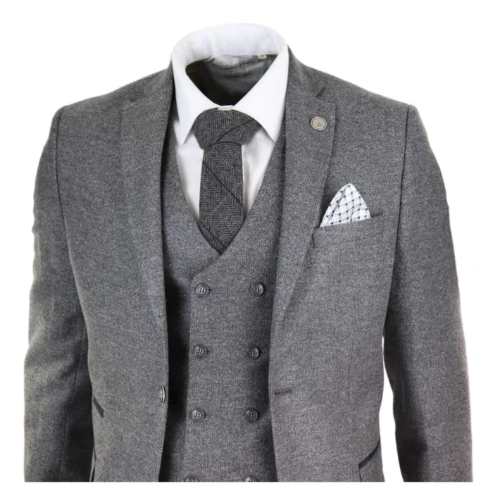 Mens Grey Wool 3 Piece Suit Double Breasted Waistcoat Tweed 1920s - Image 3