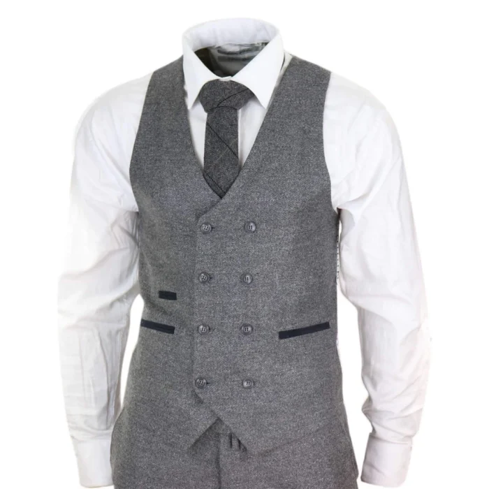Mens Grey Wool 3 Piece Suit Double Breasted Waistcoat Tweed 1920s - Image 5