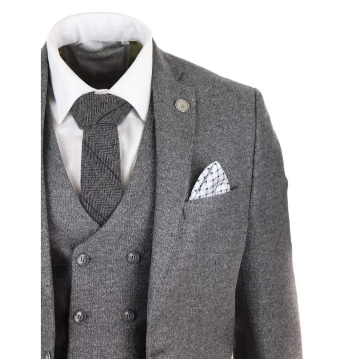 Mens Grey Wool 3 Piece Suit Double Breasted Waistcoat Tweed 1920s - Image 4