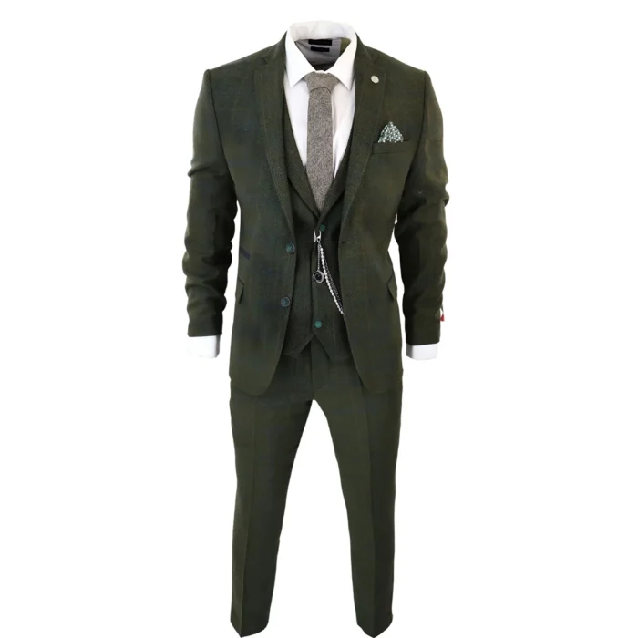 Men's 3 Piece Suit Wool Tweed Green Blue Brown Check 1920s Gatsby Formal Dress Suits - Image 2