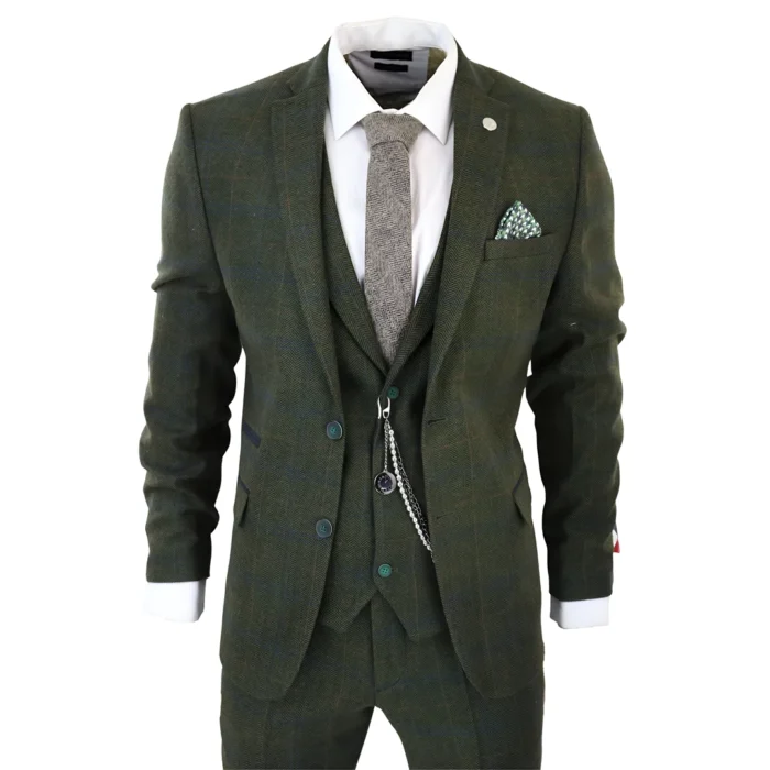 Men's 3 Piece Suit Wool Tweed Green Blue Brown Check 1920s Gatsby Formal Dress Suits - Image 1