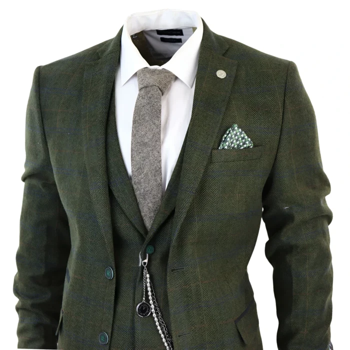Men's 3 Piece Suit Wool Tweed Green Blue Brown Check 1920s Gatsby Formal Dress Suits - Image 3