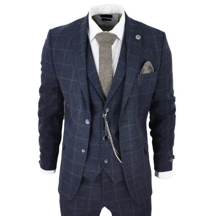 Men's 3 Piece Suit Wool Tweed Navy Blue Brown Check 1920s Gatsby Formal Dress Suits - Image 1