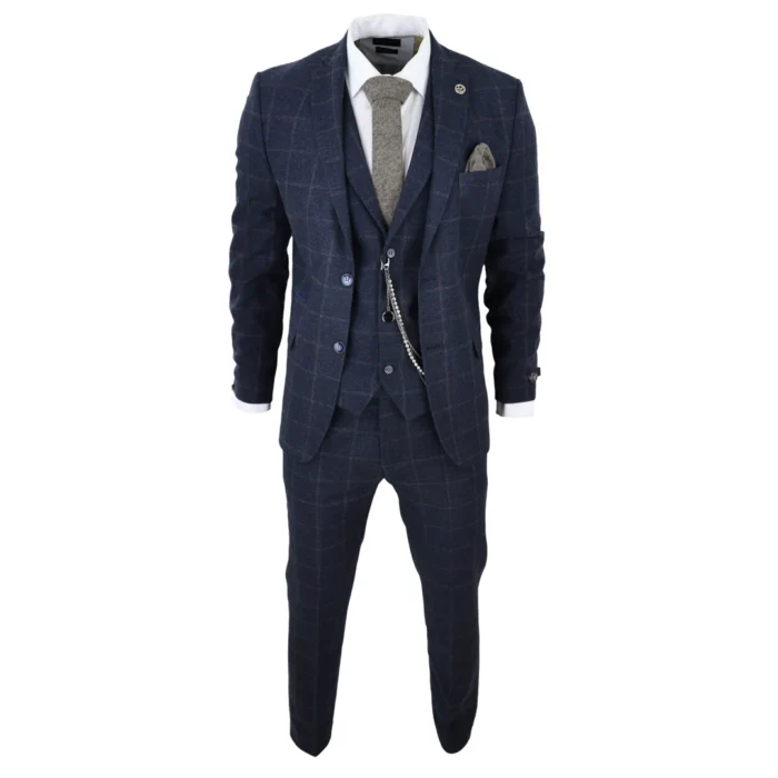 Men's 3 Piece Suit Wool Tweed Navy Blue Brown Check 1920s Gatsby Formal Dress Suits - Image 2