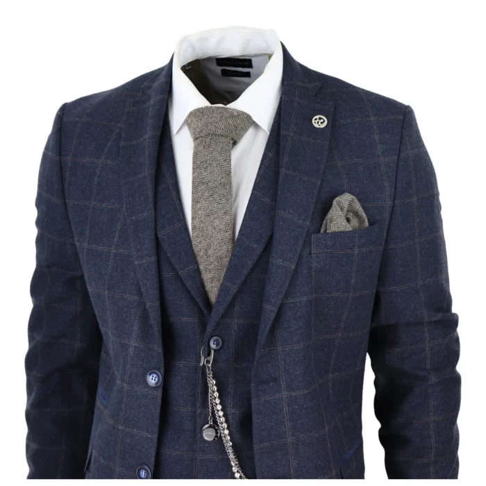 Men's 3 Piece Suit Wool Tweed Navy Blue Brown Check 1920s Gatsby Formal Dress Suits - Image 3