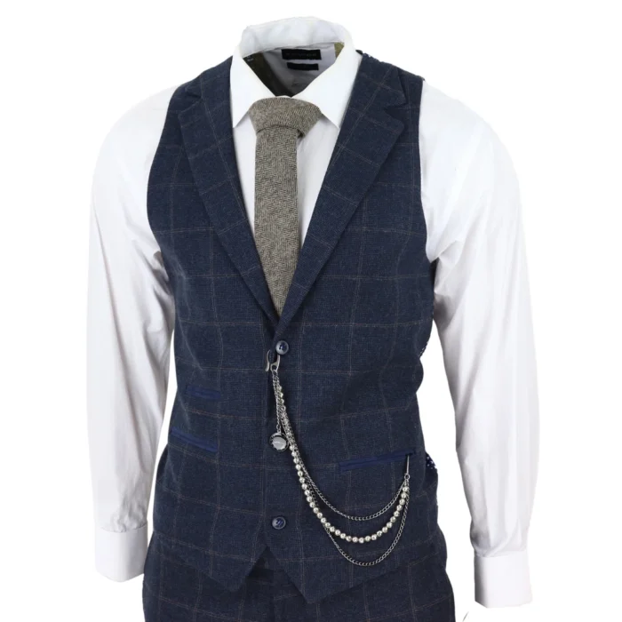 Men's 3 Piece Suit Wool Tweed Navy Blue Brown Check 1920s Gatsby Formal Dress Suits - Image 4