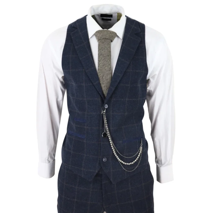 Men's 3 Piece Suit Wool Tweed Navy Blue Brown Check 1920s Gatsby Formal Dress Suits - Image 5