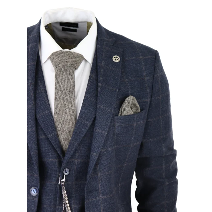 Men's 3 Piece Suit Wool Tweed Navy Blue Brown Check 1920s Gatsby Formal Dress Suits - Image 6