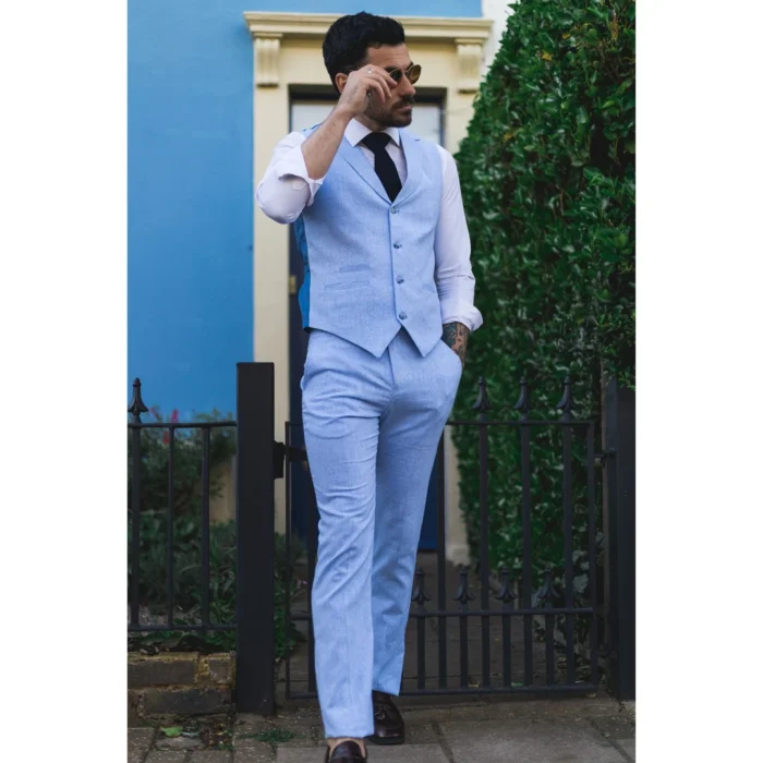 Mens Summer Suit Waistcoat Trousers Linen Smart Formal Royal Blue Wedding - Image 2