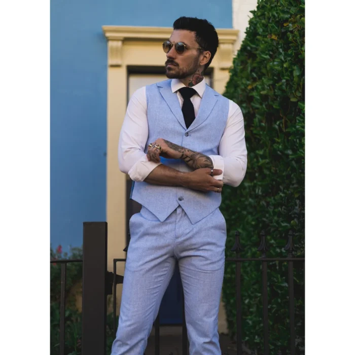 Mens Summer Suit Waistcoat Trousers Linen Smart Formal Royal Blue Wedding - Image 3