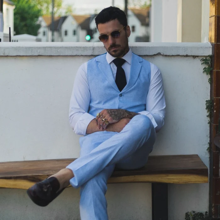 Mens Summer Suit Waistcoat Trousers Linen Smart Formal Royal Blue Wedding - Image 4