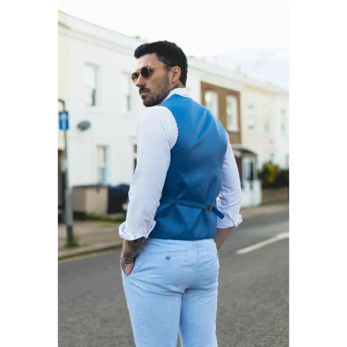 Mens Summer Suit Waistcoat Trousers Linen Smart Formal Baby Blue Wedding - Image 5