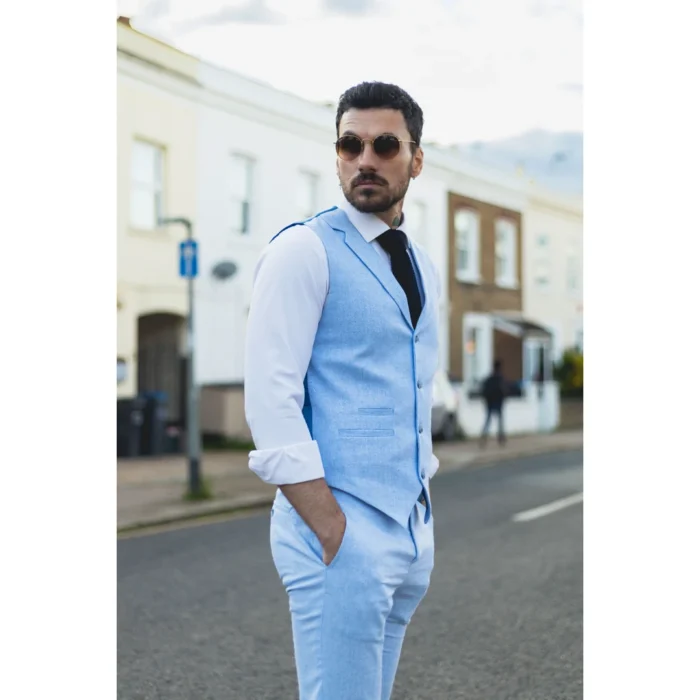 Mens Summer Suit Waistcoat Trousers Linen Smart Formal Baby Blue Wedding - Image 4
