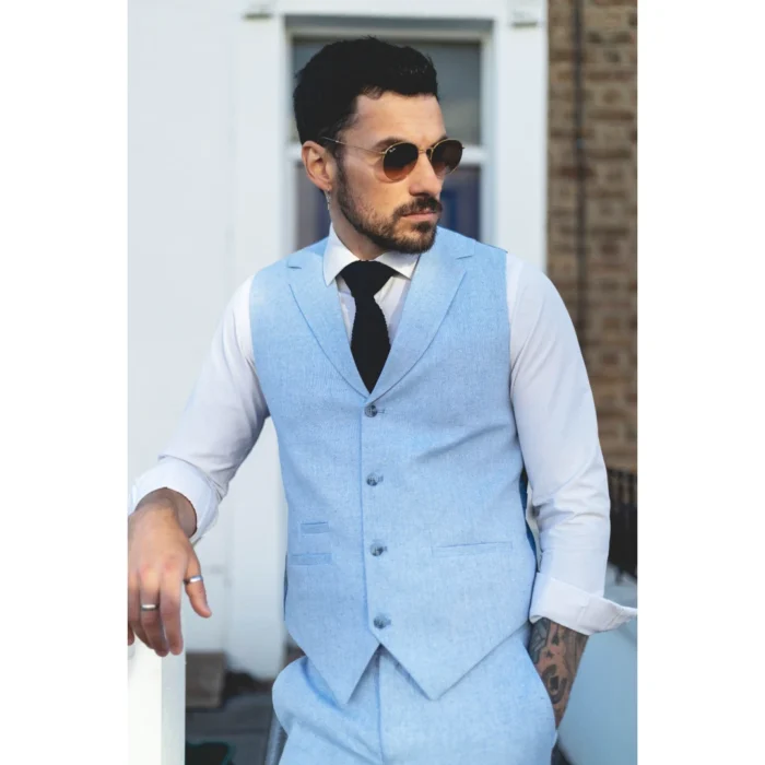 Mens Summer Suit Waistcoat Trousers Linen Smart Formal Baby Blue Wedding - Image 3