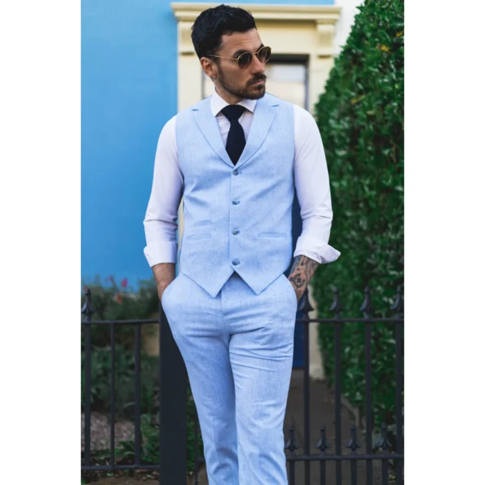 Mens Summer Suit Waistcoat Trousers Linen Smart Formal Baby Blue Wedding - Image 2