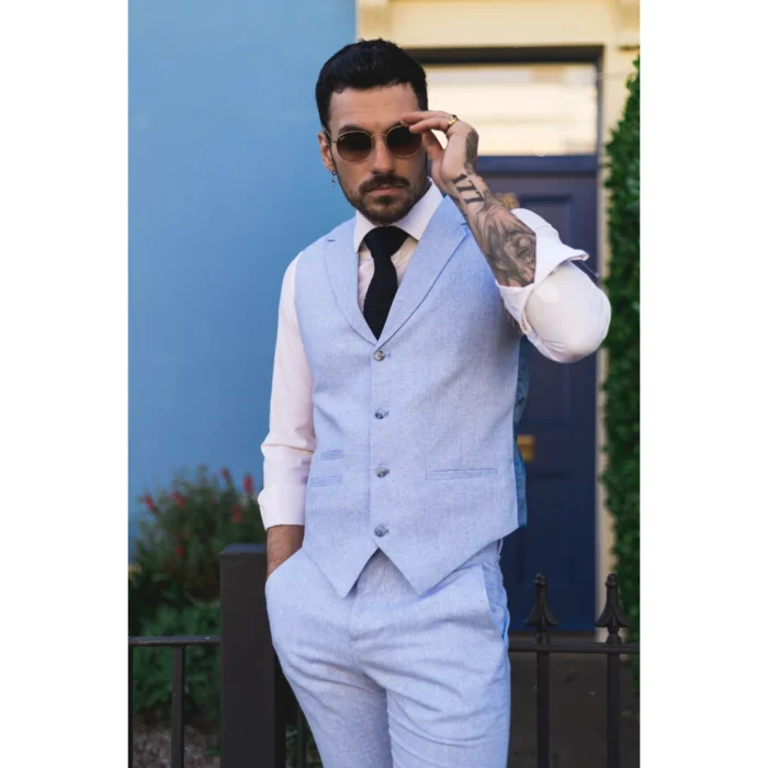 Mens Summer Suit Waistcoat Trousers Linen Smart Formal Baby Blue Wedding - Image 1