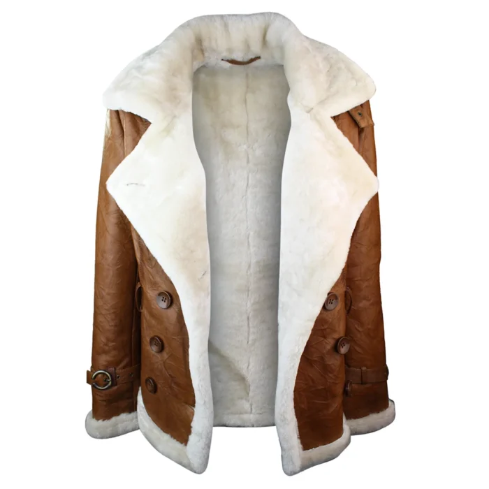Ladies Women Real Shearling Sheepskin Aviator Tan Brown Leather Jacket - Image 7