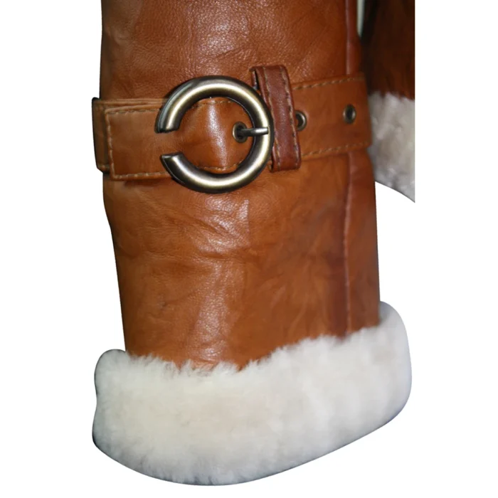Ladies Women Real Shearling Sheepskin Aviator Tan Brown Leather Jacket - Image 6